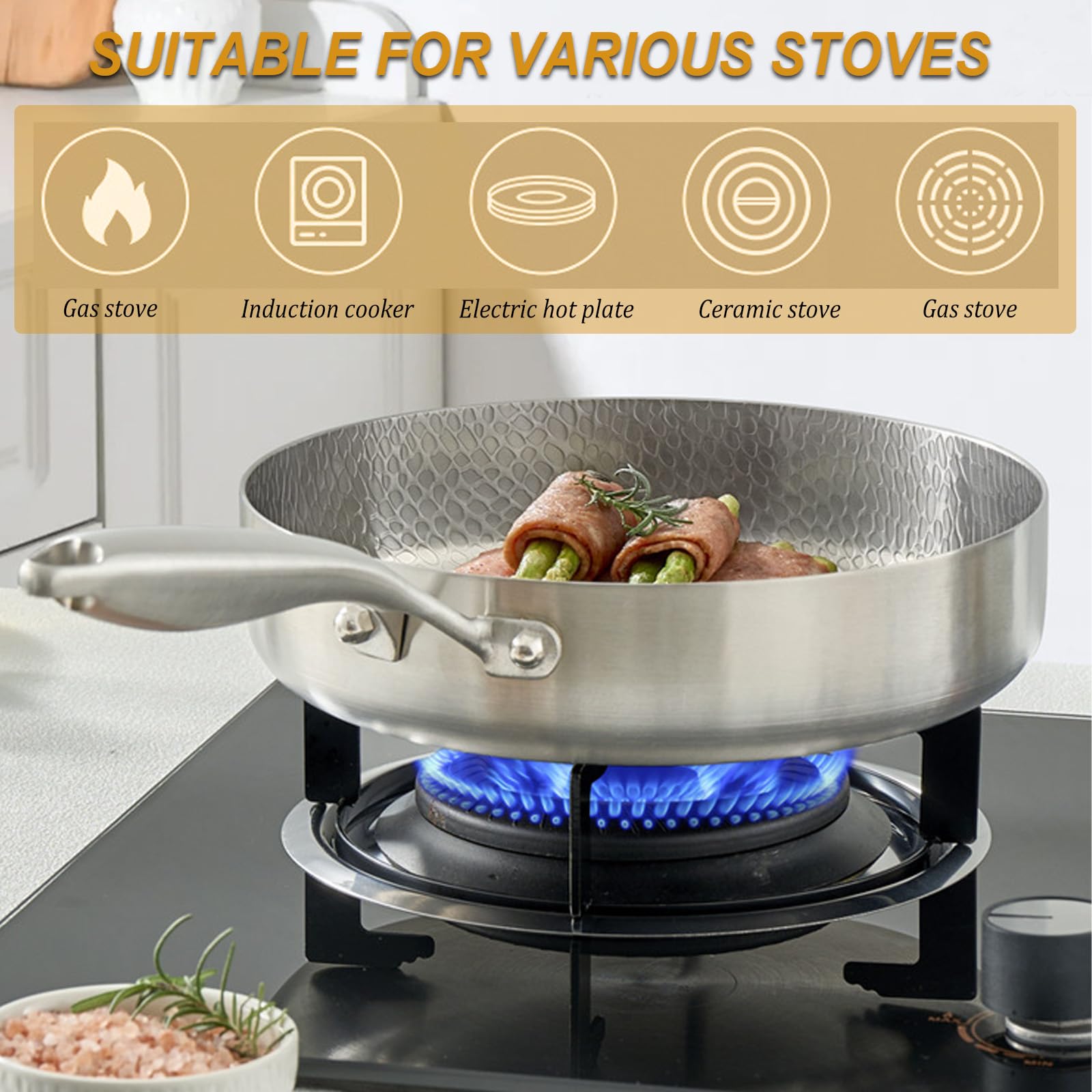 Padella in titanio di alta qualità, 28 cm, a tre strati, in acciaio inox, con coperchio, non rivestita, antigraffio, antiaderente, martellata, adatta per tutti i tipi di piani cottura