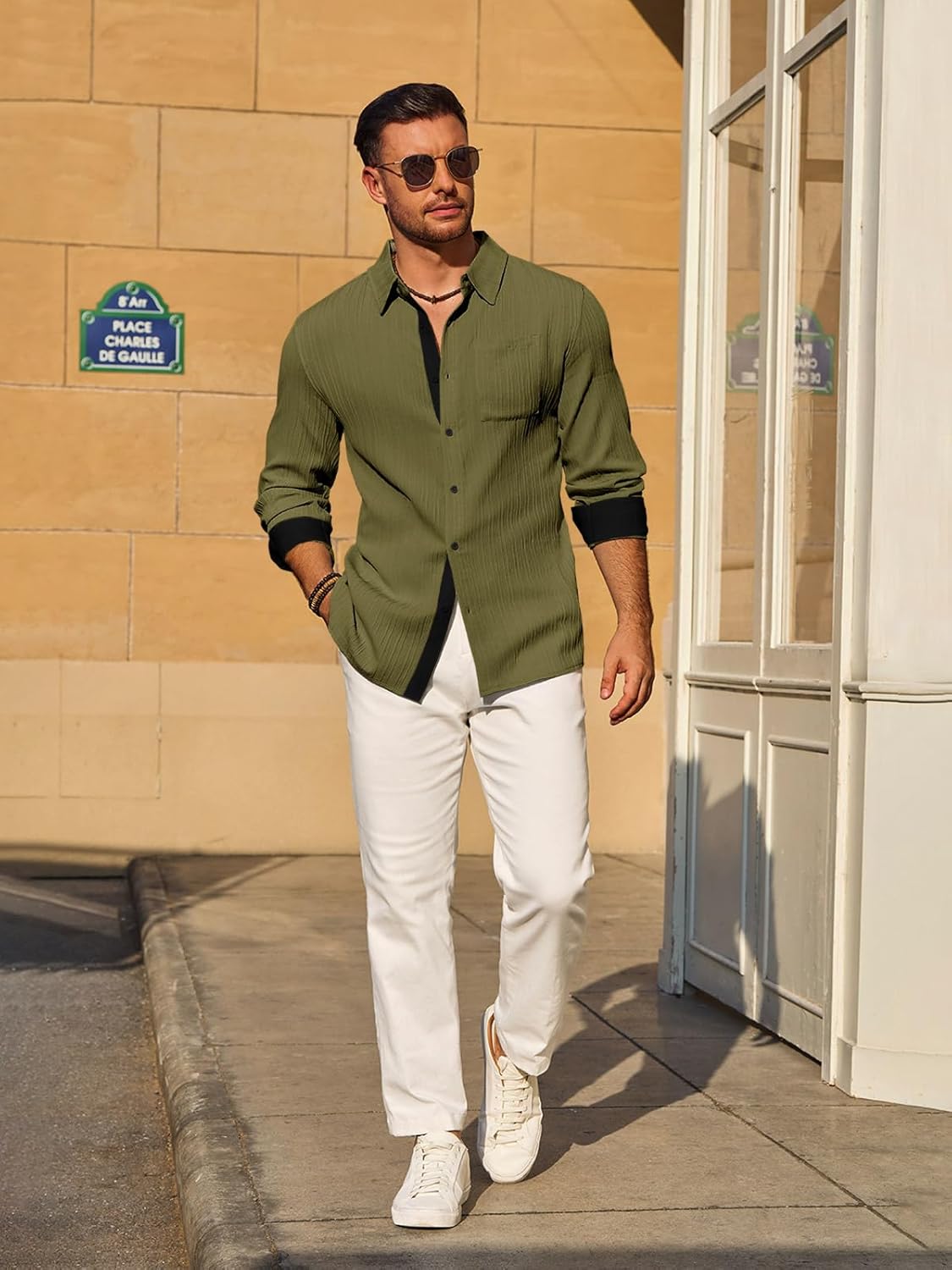 Yousify Mens Button Down Shirts Long Sleeve Casual Textured Dress Shirt Wrinkle-Free Beach Tops with Pocket - Image 4