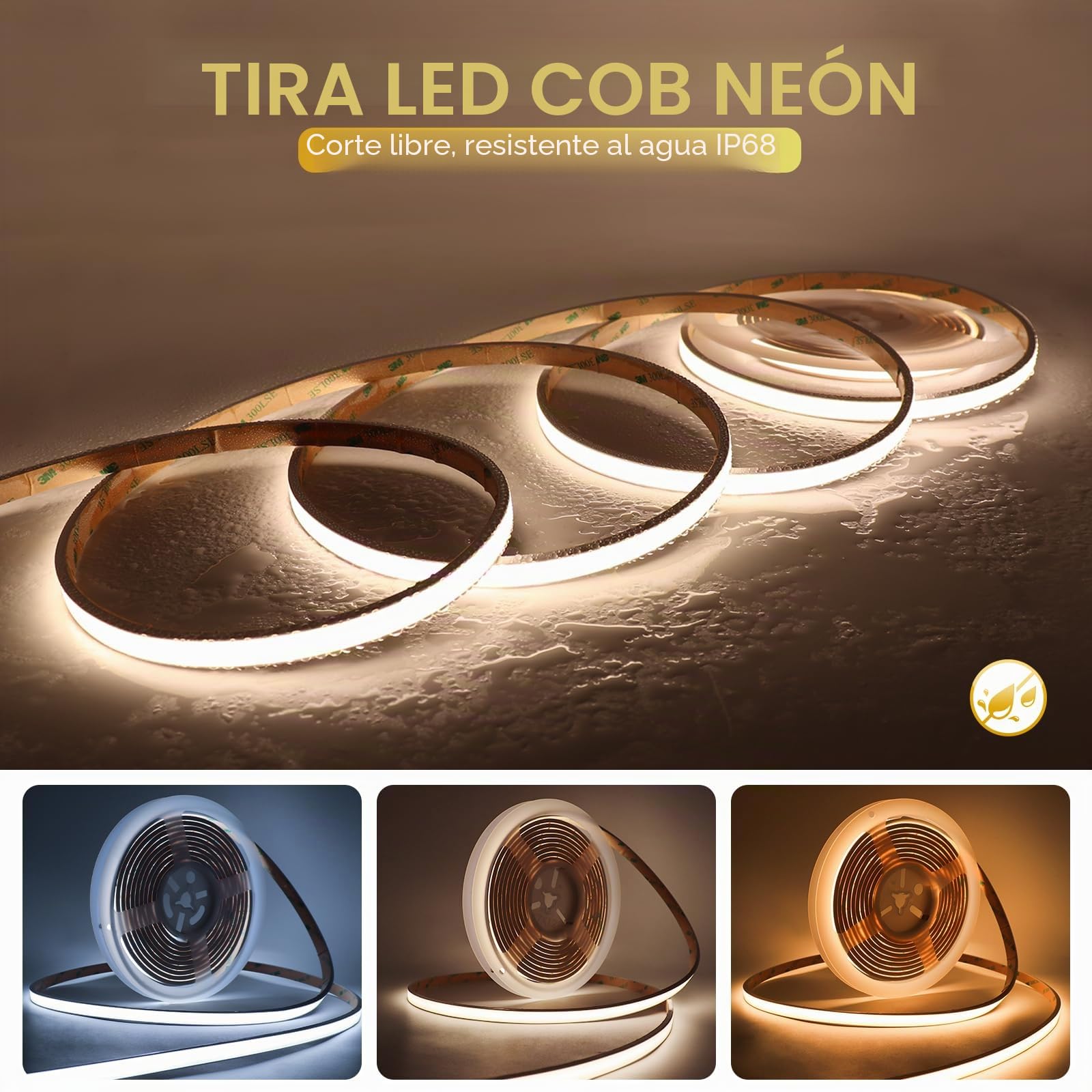 Tira de luz LED COB de neón resistente al agua IP68, 12 V, 16.4 pies, 6000 K, silicona, flexible, para decoración al aire libre, baño, piscina (sin fuente de alimentación)