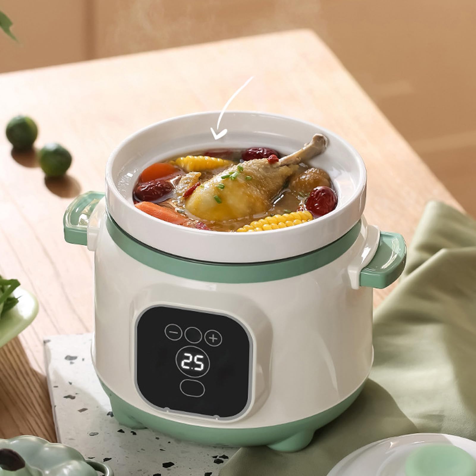 Olla para Estofado Eléctrica de 1,8 L, Olla de Cocción Lenta Eléctrica, Olla de Cerámica con Tiempo Ajustable, Mini Olla para Estofado de Cerámica con Ajustes Previos y