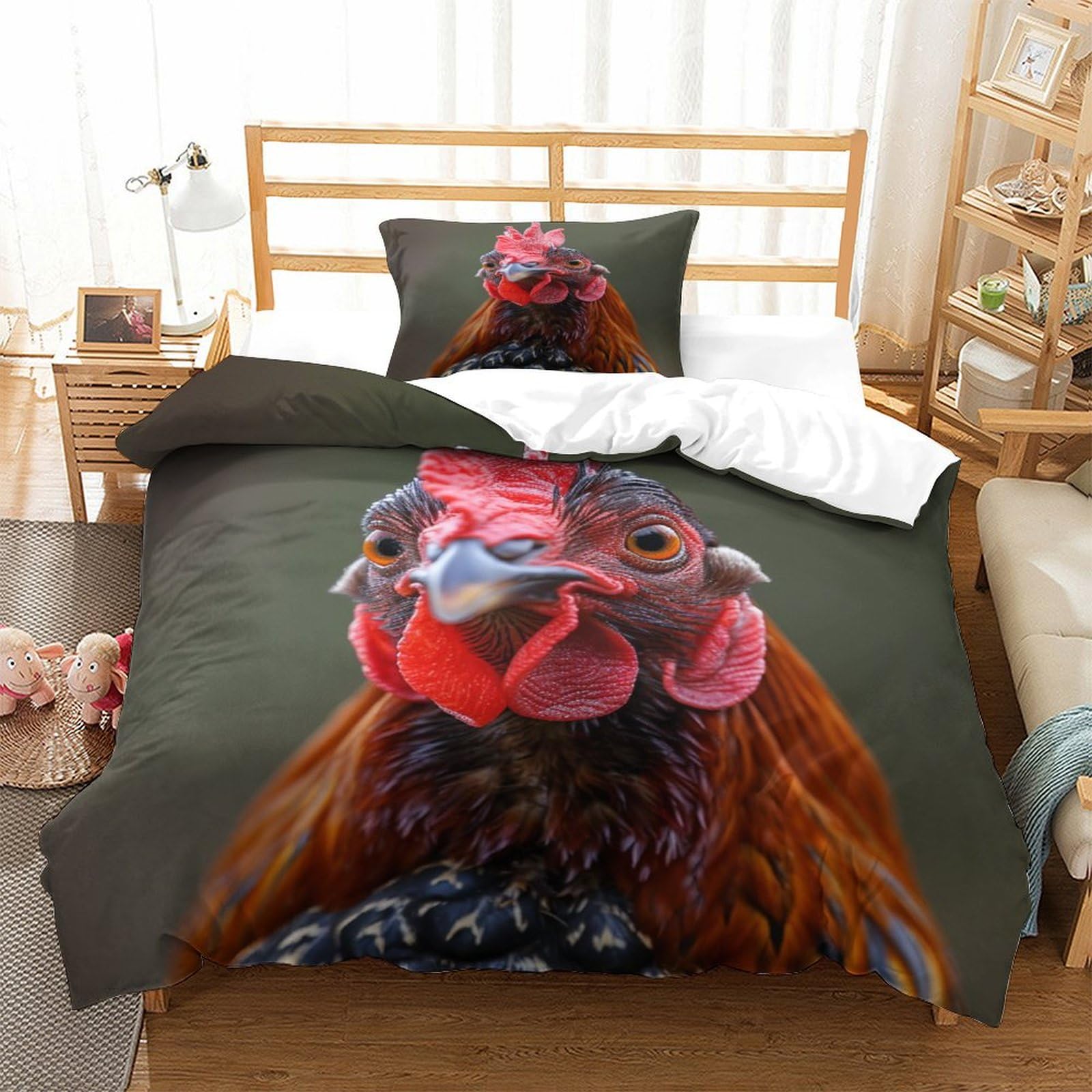 P1s9u7w5y Gallic Rooster Lifelike Rooster 3D Printed Duvet Cover Set 3Pcs Microfiber Chicken Bedding Set Single（135X200cm）
