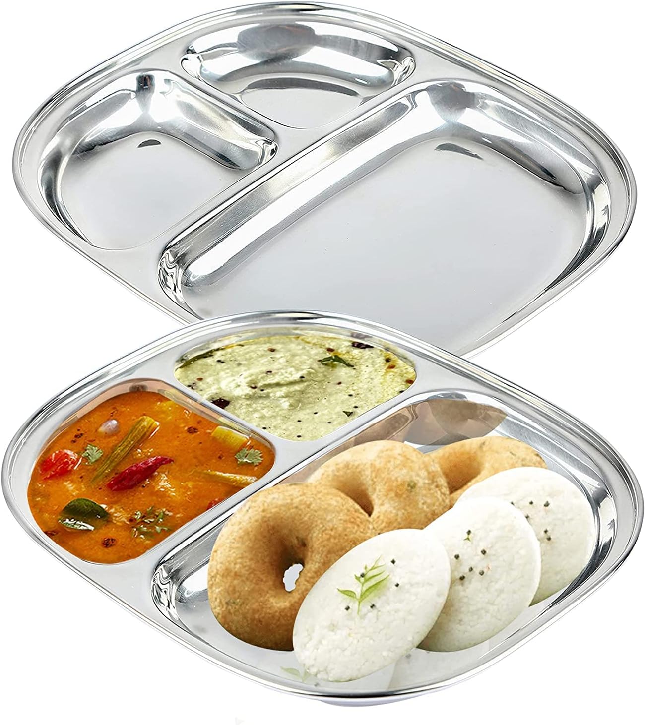 Stainless Steel compartment plates, 3 in 1 divided Oval Dinner plates, Indian Thali Breakfast Lunch platter, Mess trays for Adults, kids, Toddlers, Outdoor, Camping (Large, 4 Pack)