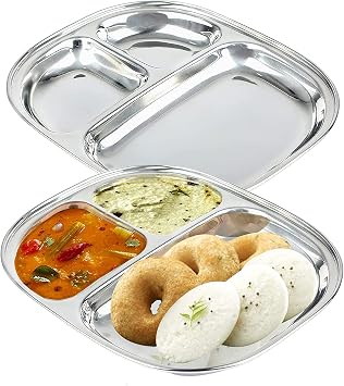 Stainless Steel Compartment Plates, 3 in 1 divided Oval Dinner plates, Indian Thali Breakfast Lunch platter, Mess trays for Adults, kids, Toddlers, Outdoor, Camping Large, 2 Pack