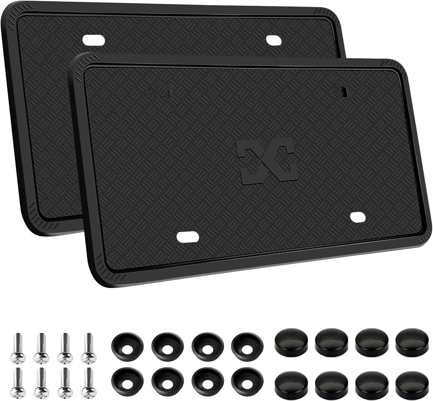 XCLPF Silicone Black License Plate Frame Covers 2 Pack- Front and Back Car Plate Bracket Holders. Rust-Proof, Rattle-Proof, Weather-Proof (Black)