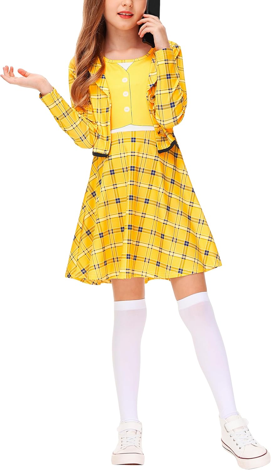 Remimi Halloween Plaid Printed ONE Piece Dress Girls Long Sleeve Knee Dresses 3-14 Years