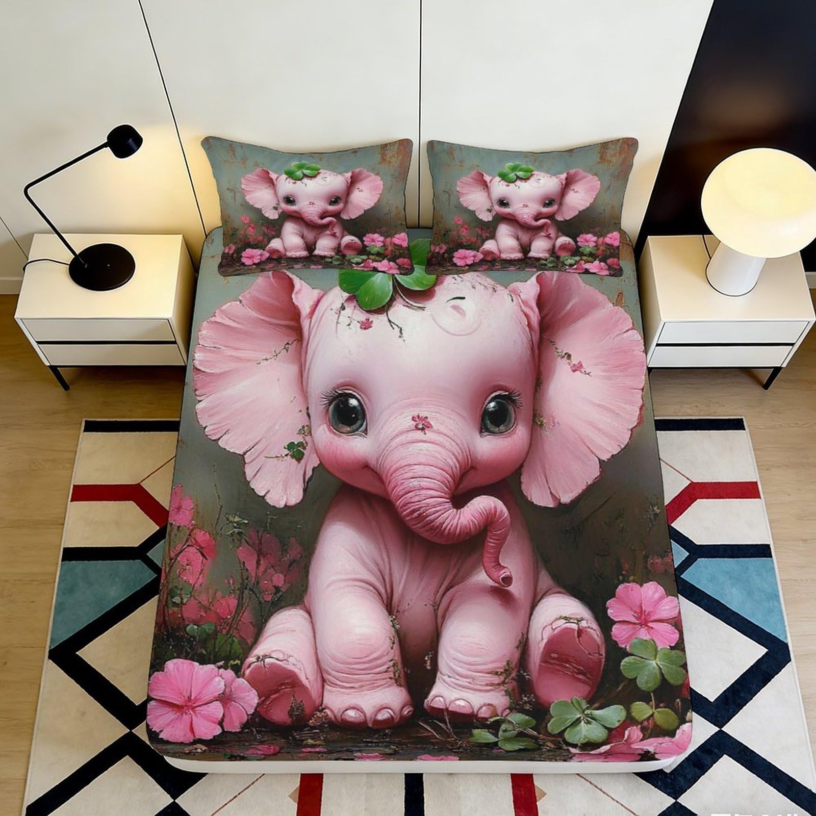 3D Printed Cute Elephant Fitted Sheet Microfiber Deep Pocket Non-Slip Bedroom Bedding All-Age Elephant Mattress Fitted Cover Washable 120x200x25cm