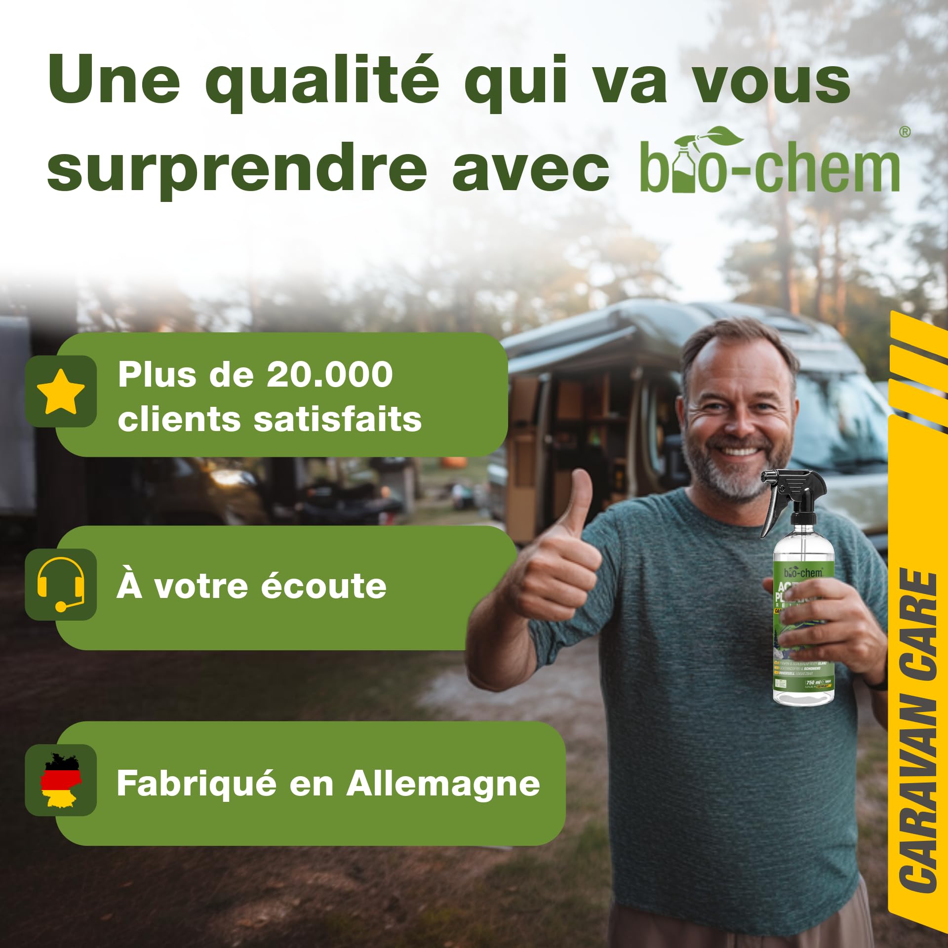 Bio-Chem - Set de 3 Produits d'entretien pour caravanes de Camping - 1L Produit nettoyant pour Camping-Car + Vaporisateur pour résine 750mL + Produit vitre et Pare-Brise 750mL