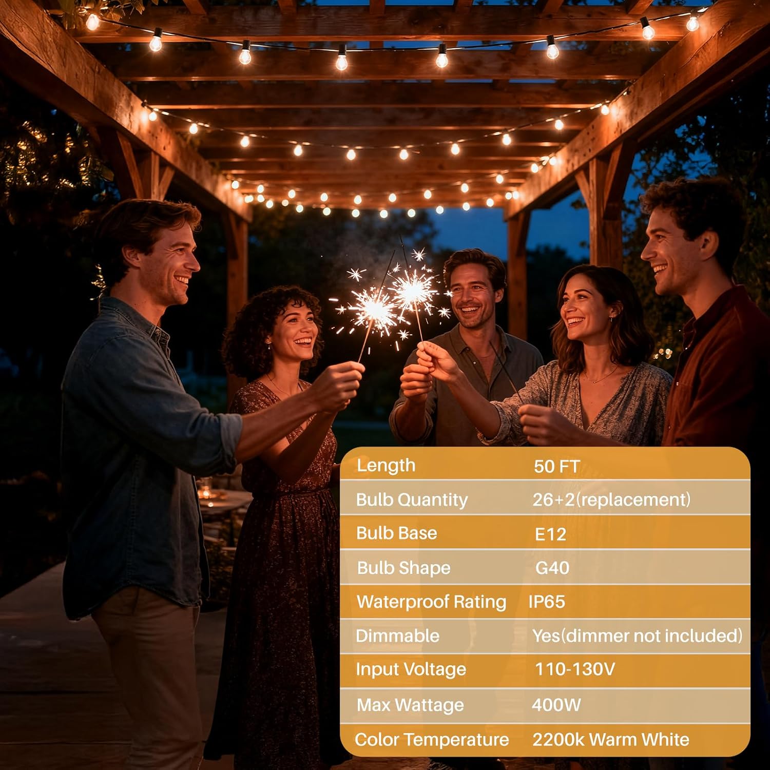50 FT Yellow Outdoor String Lights G40 Globe Shatterproof Patio Lights,26 Plastic Edison Bulbs(2 Spare) IP65 Waterproof Dimmable LED Bulbs for Backyard Porch Balcony Party Decor, E12 Base