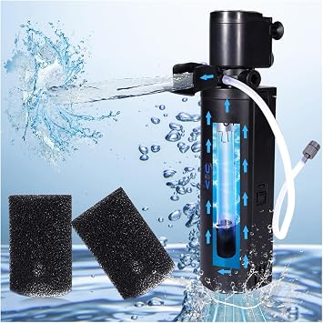 Dual-Chamber U-V Aquarium Filter, 4-in-1 Submersible Fish Tank Filter for 20-75 Gal Turtle Tanks, Ultra-Silent Green Clean Machine with Filtration, Wave Making & Oxygenation