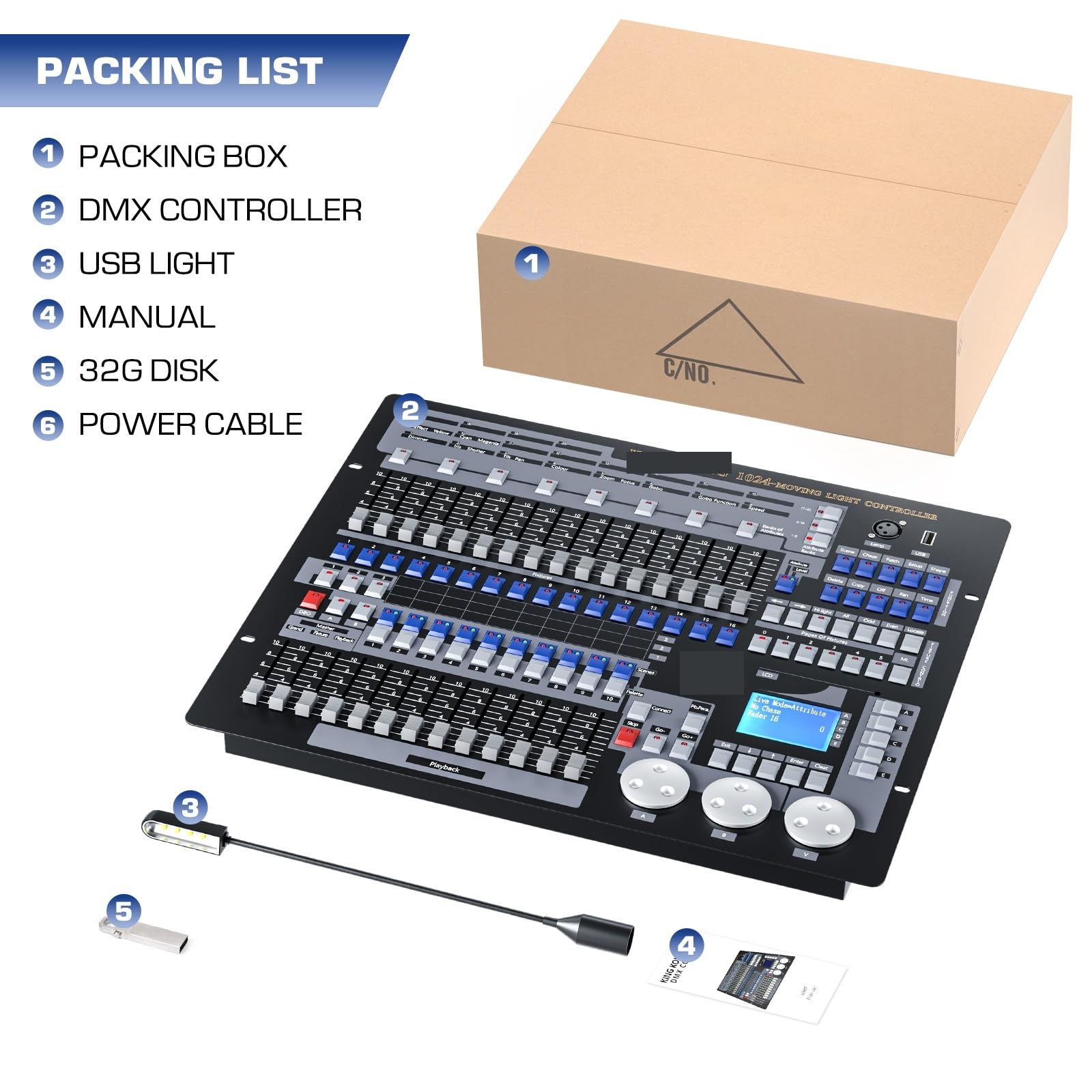 DMX-Controller, 1024 DMX Controller DJ Ausrüstung Dmx 512 Konsole Schwarz Große Bühne Beleuchtung Controller for Live Konzert KTV DJ Club für volle Kontrolle(Only Console)