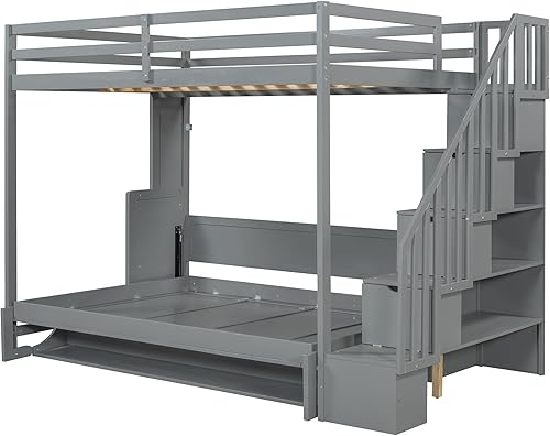 Miniatura 8 de Merax Cama Murphy de Tamaño Completo sobre Tamaño Completo con Elevador Hidráulico y Escritorio Integrado, Cama de Pared que Ahorra Espacio con Gris