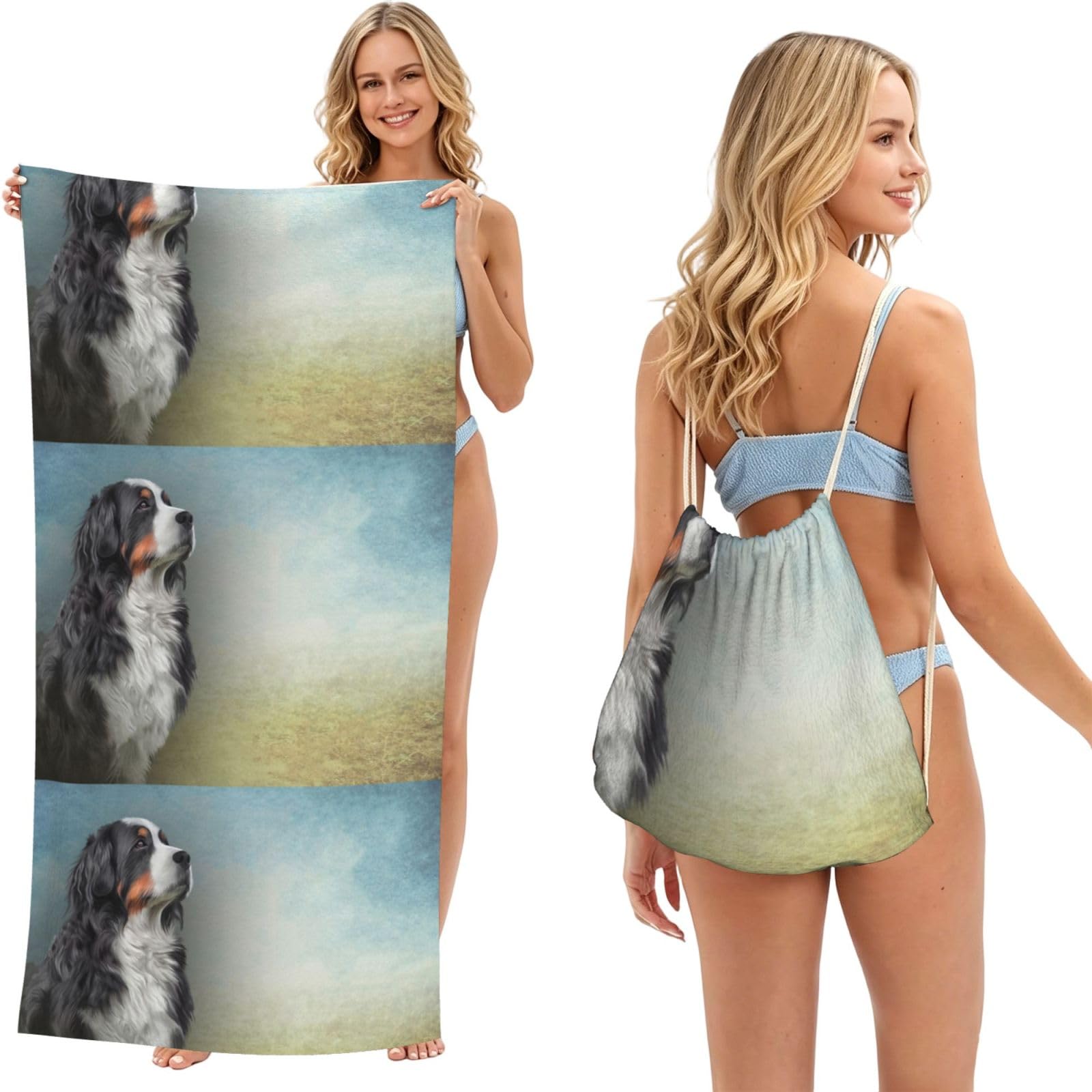 Poadnly As Picture Bernese Mountain Dog, 2 In 1 Packable Towel Bag, Beach Towels With Drawstring Backpack For Travel Holiday Camping