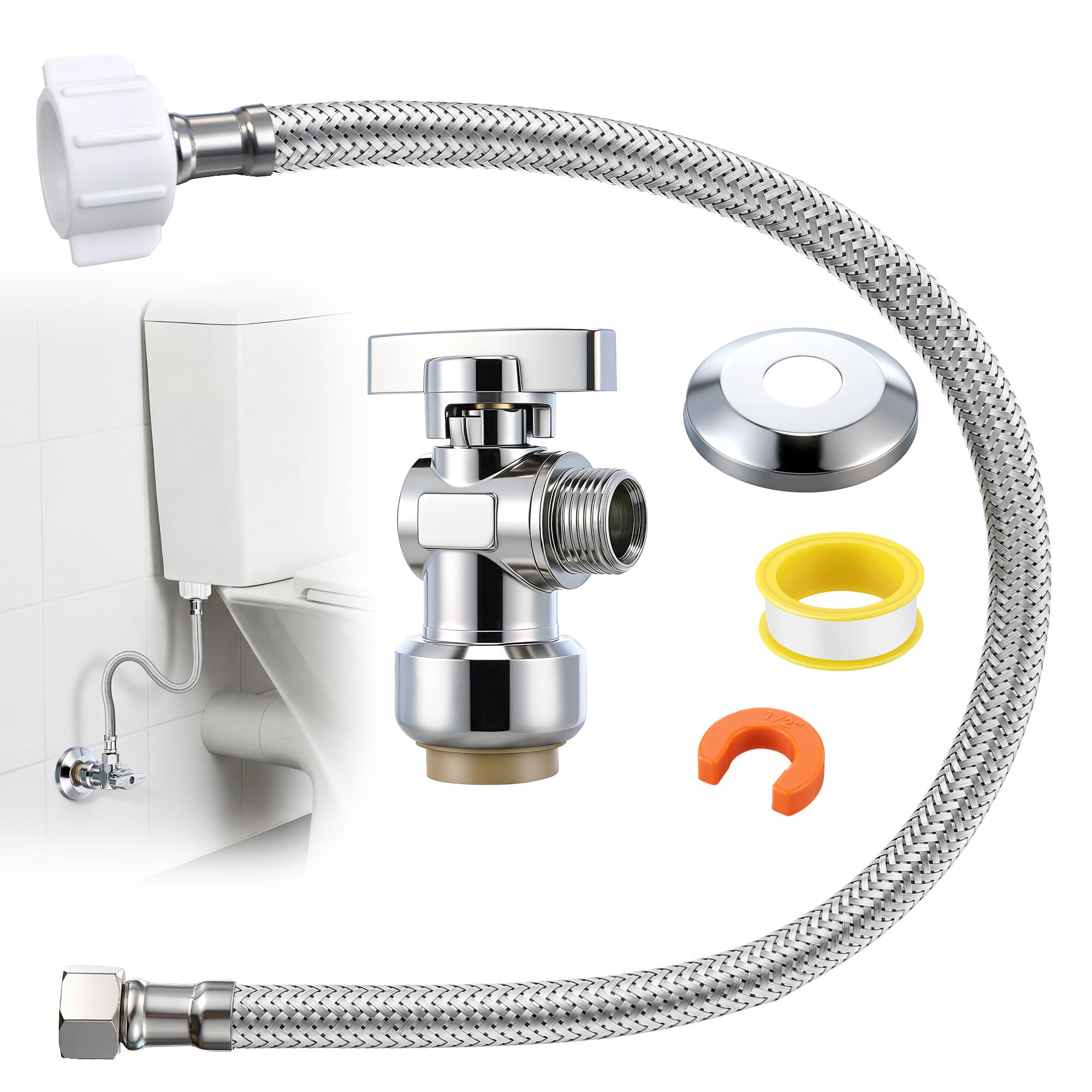 Toilet Shut Off Valve 1/2" PTC x 3/8" OD Compression 24" Supply Line kit