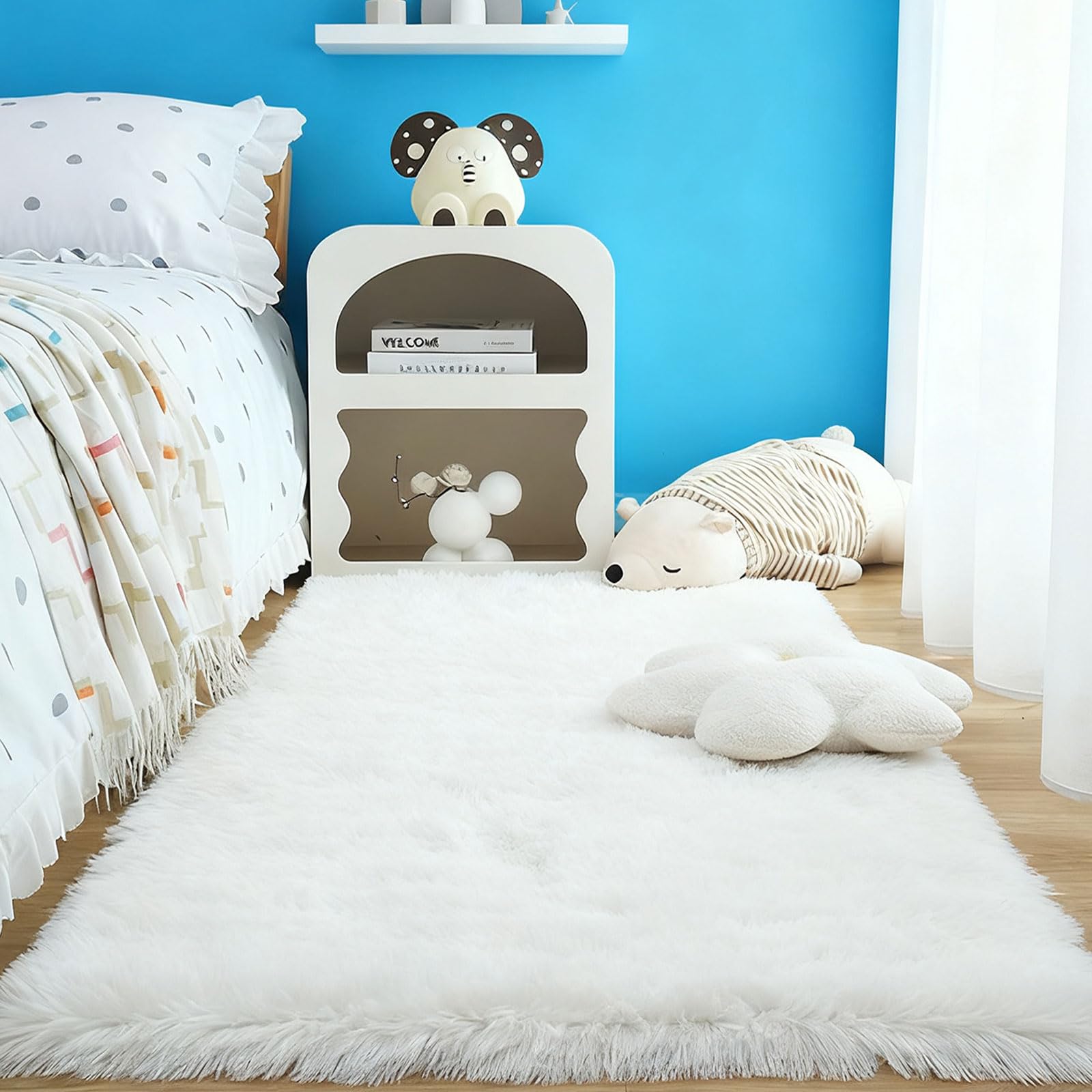 Tapis salon shaggy blanc 100x140 cm idéal pour une chambre cocooning et chaleureuse