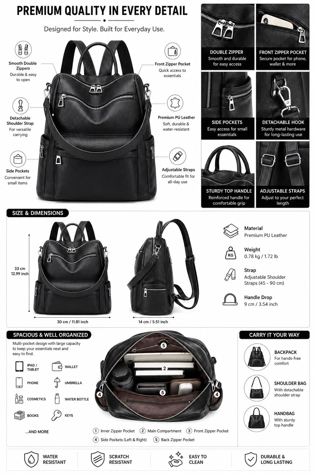 Craftwood Leather Backpack for Women | Large Capacity | College and Office use | PU Leather | shoulder bag for Ladies, Black 2