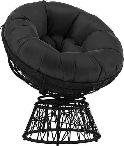 Miniatura 3 de Merrick Lane Foley Papasan - Silla giratoria para patio, marco de mimbre tejido negro, cojín negro extraíble para todo tipo de clima