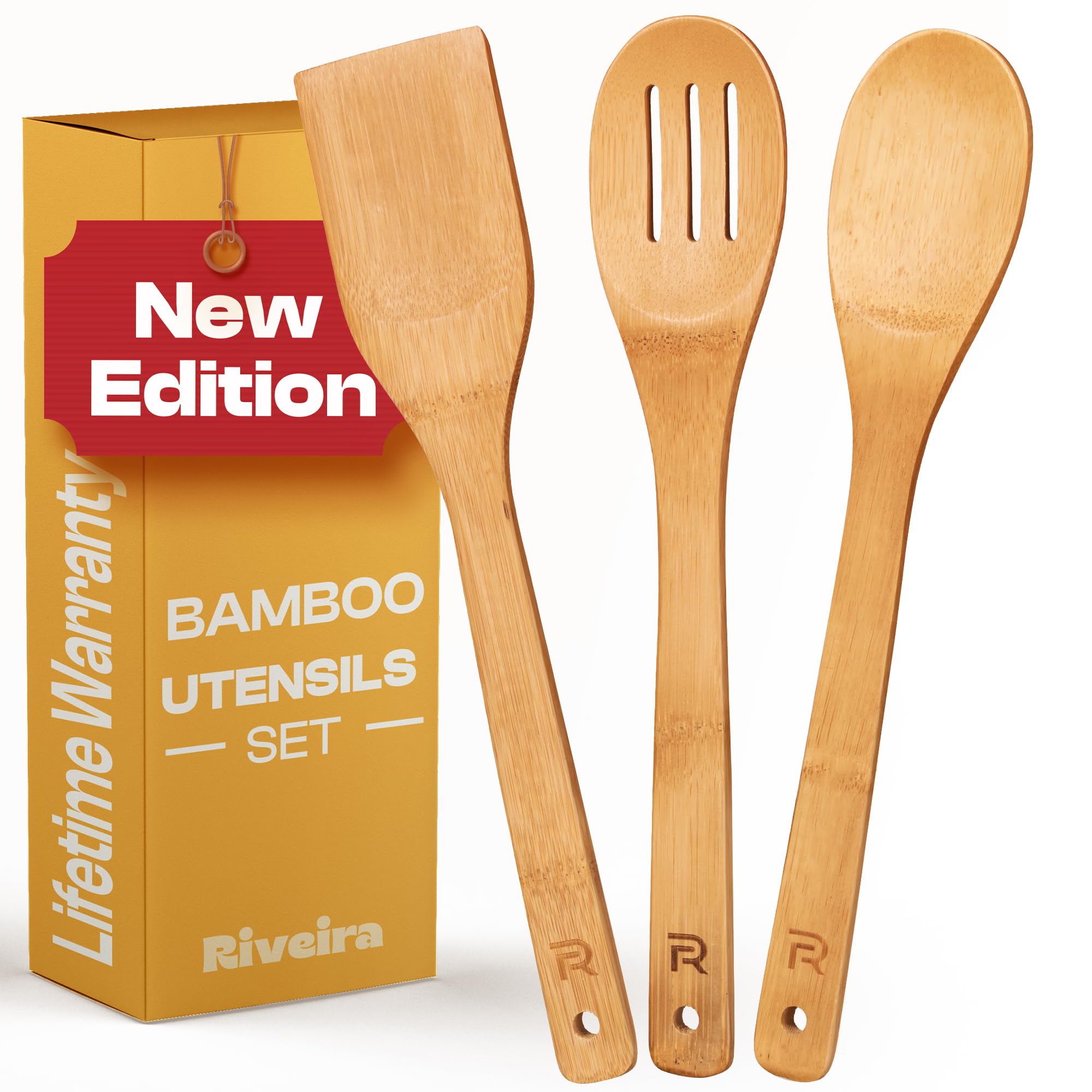 Set 4 Cuillères spatule de cuisson de repas à la maison en bois avec seau de rangement pour poêle antiadhésive, en Bois bambou