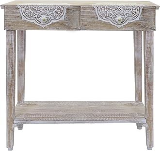 COTTON CRAFT Wood Accent Console - Suzani Hand Carved Sofa Table - Hallway Entryway Table with Pull Drawers and Shelf - Small Space Modern Farmhouse Easy Assembly - 32 W x 32 H x 14 D - White Wash