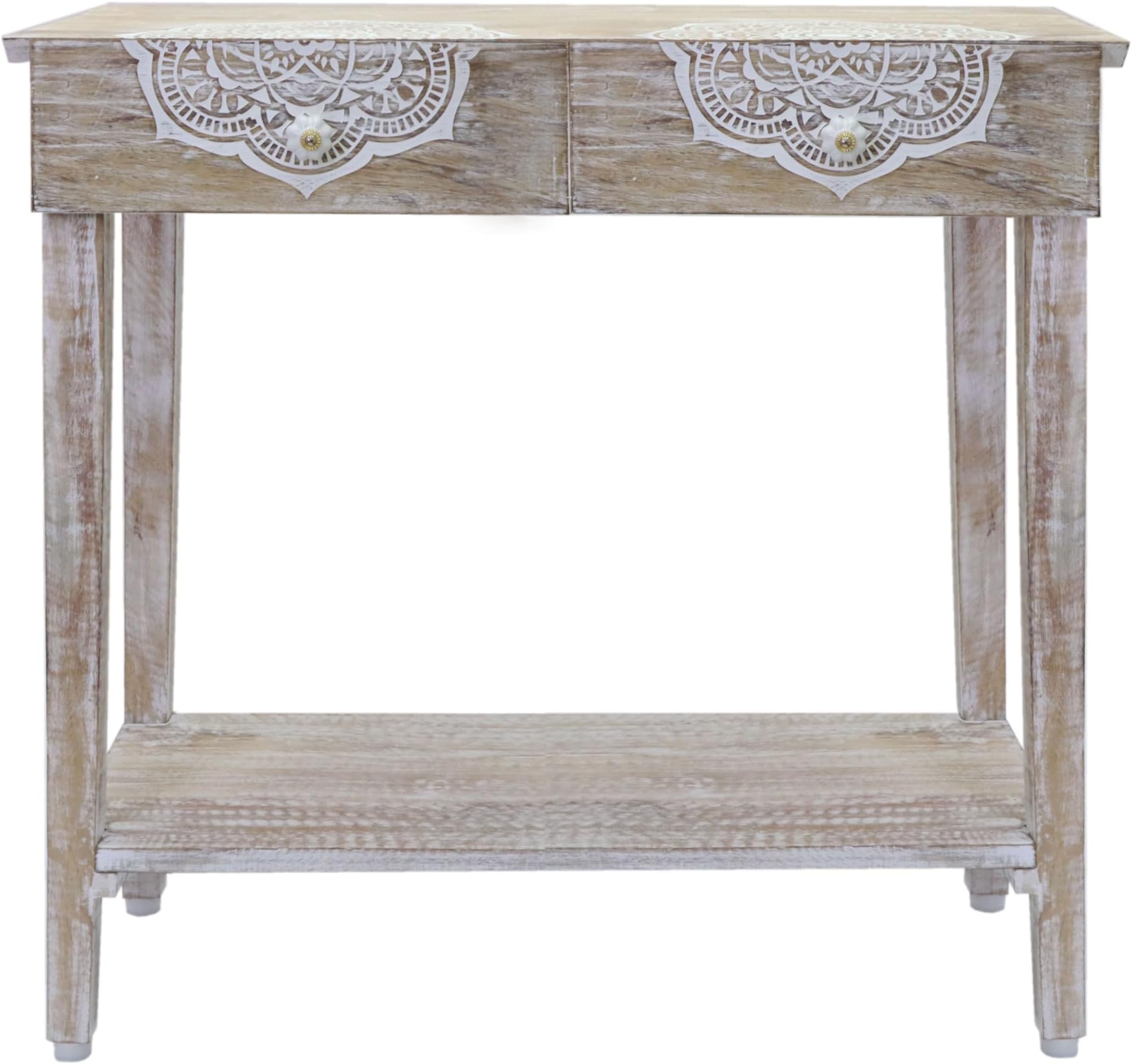 COTTON CRAFT Wood Accent Console - Suzani Hand Carved Sofa Table - Hallway Entryway Table with Pull Drawers and Shelf - Small Space Modern Farmhouse Easy Assembly - 32 W x 32 H x 14 D - White Wash