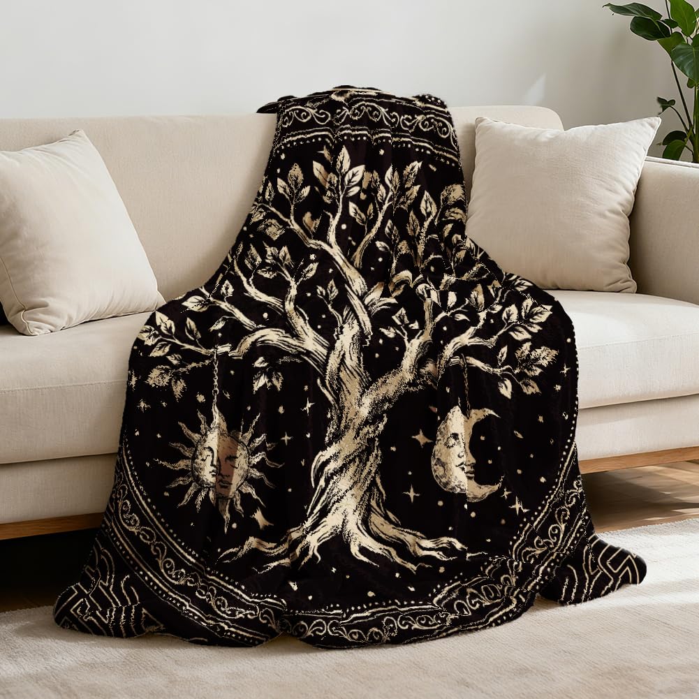 GLOBLELAND Tree of Life Throw 59x51 inch Sun And Moon Soft Flannel Blanket Black Divination Washable Fuzzy Throw Blanket for Couch Chair Sofa Bed Dorm Bedroom Home