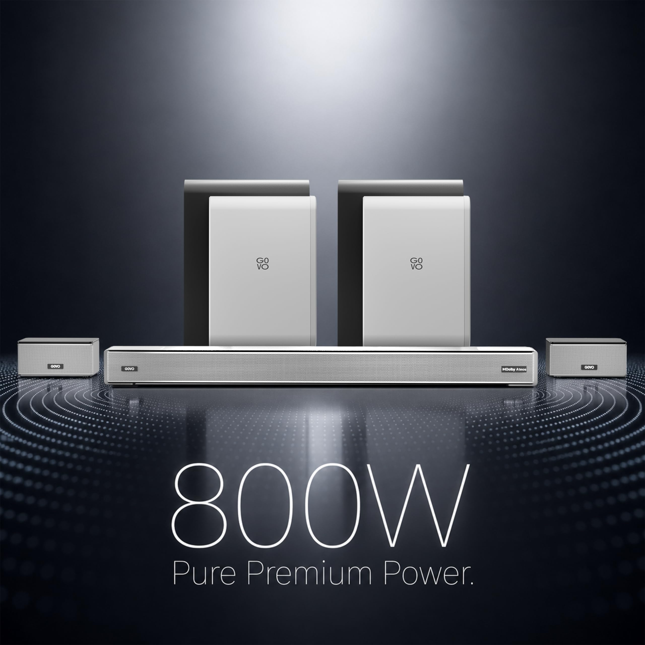 GOVO GoSurround 1000 Pro, 5.2.4 Channel, 800W Soundbar with True Dolby Atmos®, 6.5” Dual Subwoofer, Wireless Rear Satellites, HDMI/Optical/AUX/USB/Bluetooth, 3 EQ Modes, LED Display – Platinum Silver — Amazon image 2