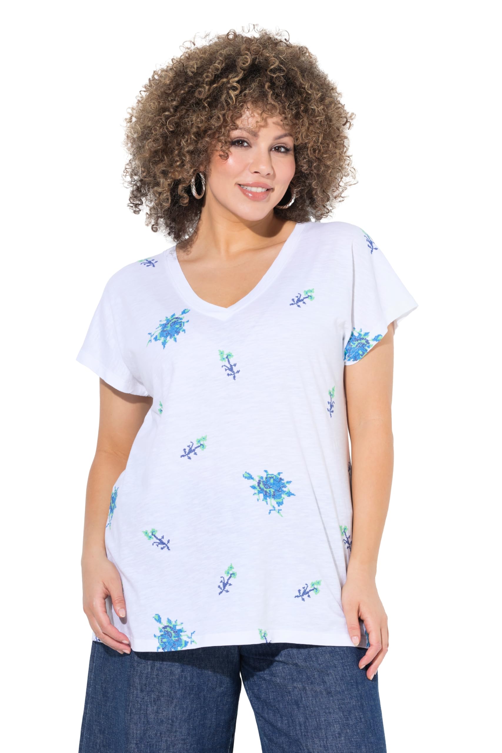 Ulla Popken Damen große Größen Übergrößen Plus Size T-Shirt, Stickerei, Oversized, V-Ausschnitt, Halbarm 838554