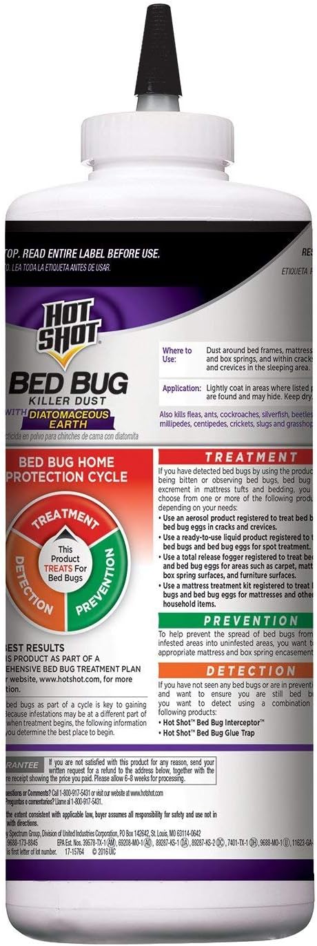Hot Shot Bed Bug Killer Dust With Diatomaceous Earth 8 Ounces, Treatment For Bed Bugs, 6 Pack