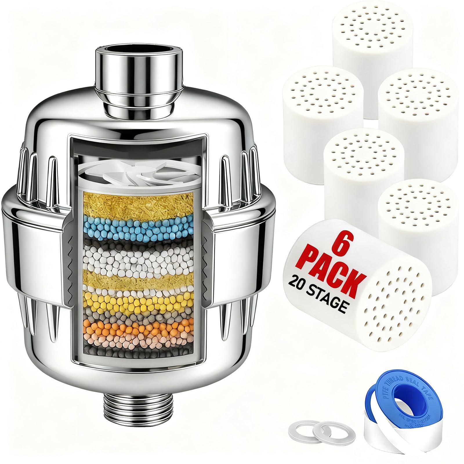 Beati Faucet Shower Head Filter for Hard Water & Hair - 6 Replacement Cartridges -20 Stage - Water Softener to Remove Chlorine and Fluoride,BTHF-06