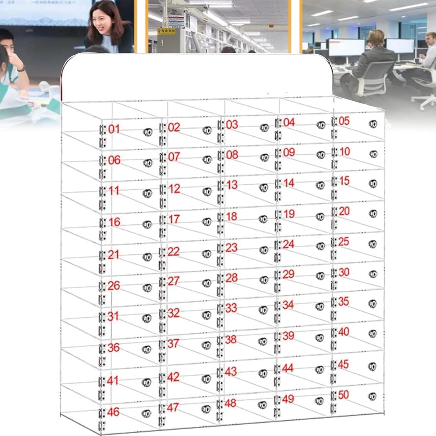 40-Slot Wall-Mounted Mobile Phone Locker Cabinet - Clear Acrylic Storage Box with Lock for Cell Phones Tablets and Personal Items - Space-Saving Secure Storage Solution