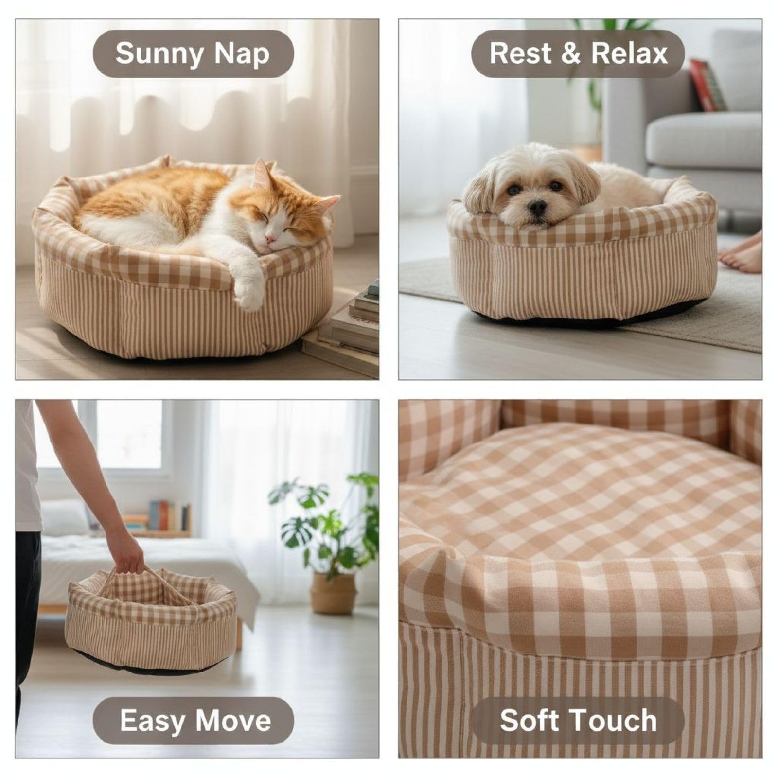 Generisch Cama para gatos y perros pequeños, cama redonda para mascotas con patrón de cuadros amarillos, suave y cómoda para acurrucarse, diseño cerrado con lados altos, 16.5 pulgadas