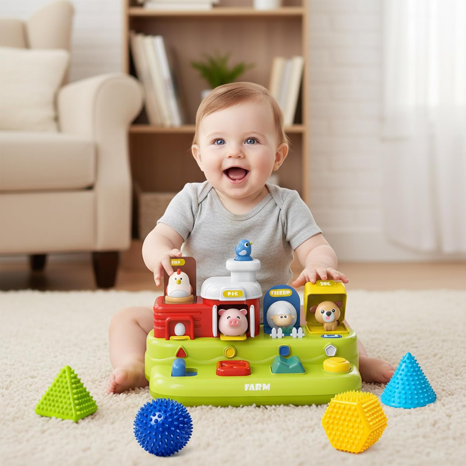 Soft Spiky Sensory Balls & Baby Pop Up Toy with Music, Textured Shapes for Babies' Sensory Development, Cause and Effect Pop Up Animal Toys Montessori Gifts for Babies 6-12 Months Toddlers 1-3