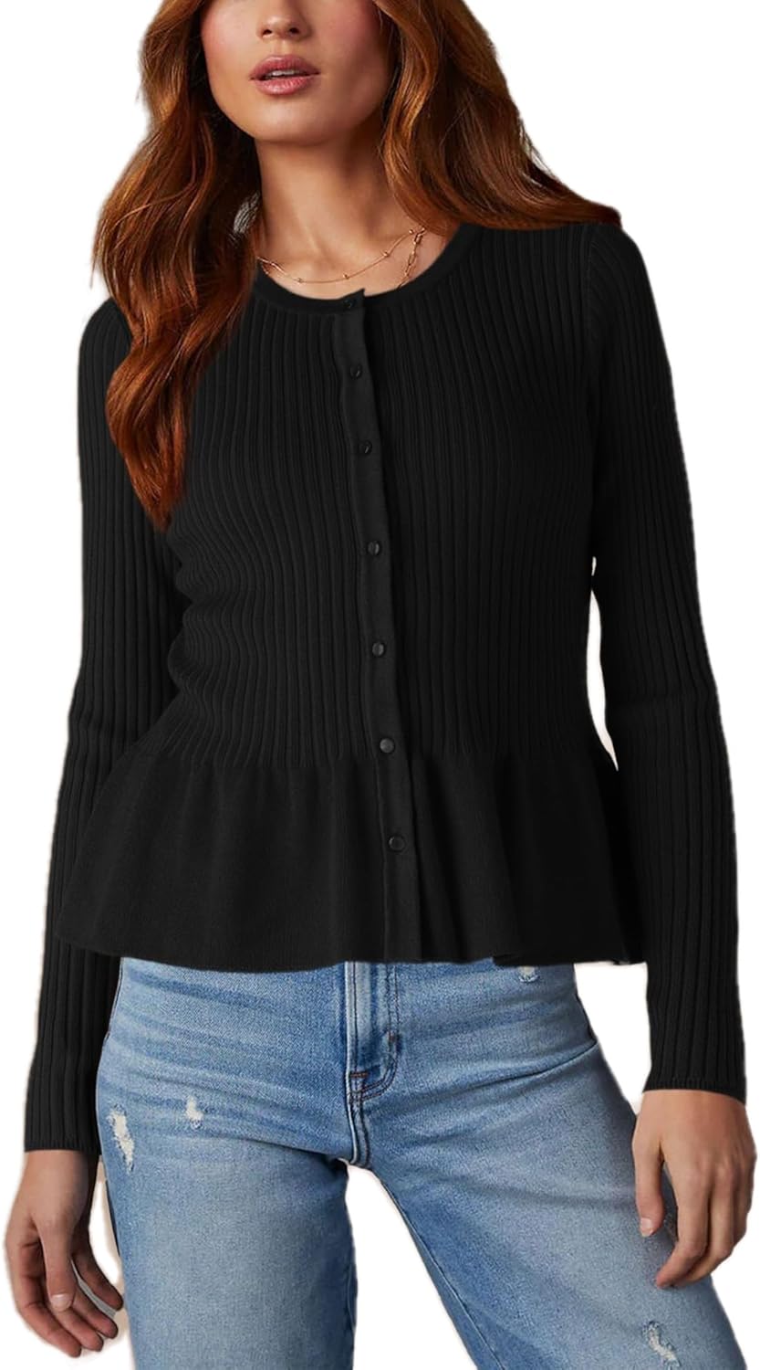 Beautiful Nomad Women's Long Sleeve Cardigan Peplum Sweater Crew Neck Button Tops Knit Ribbed Elegant Outwear Coat