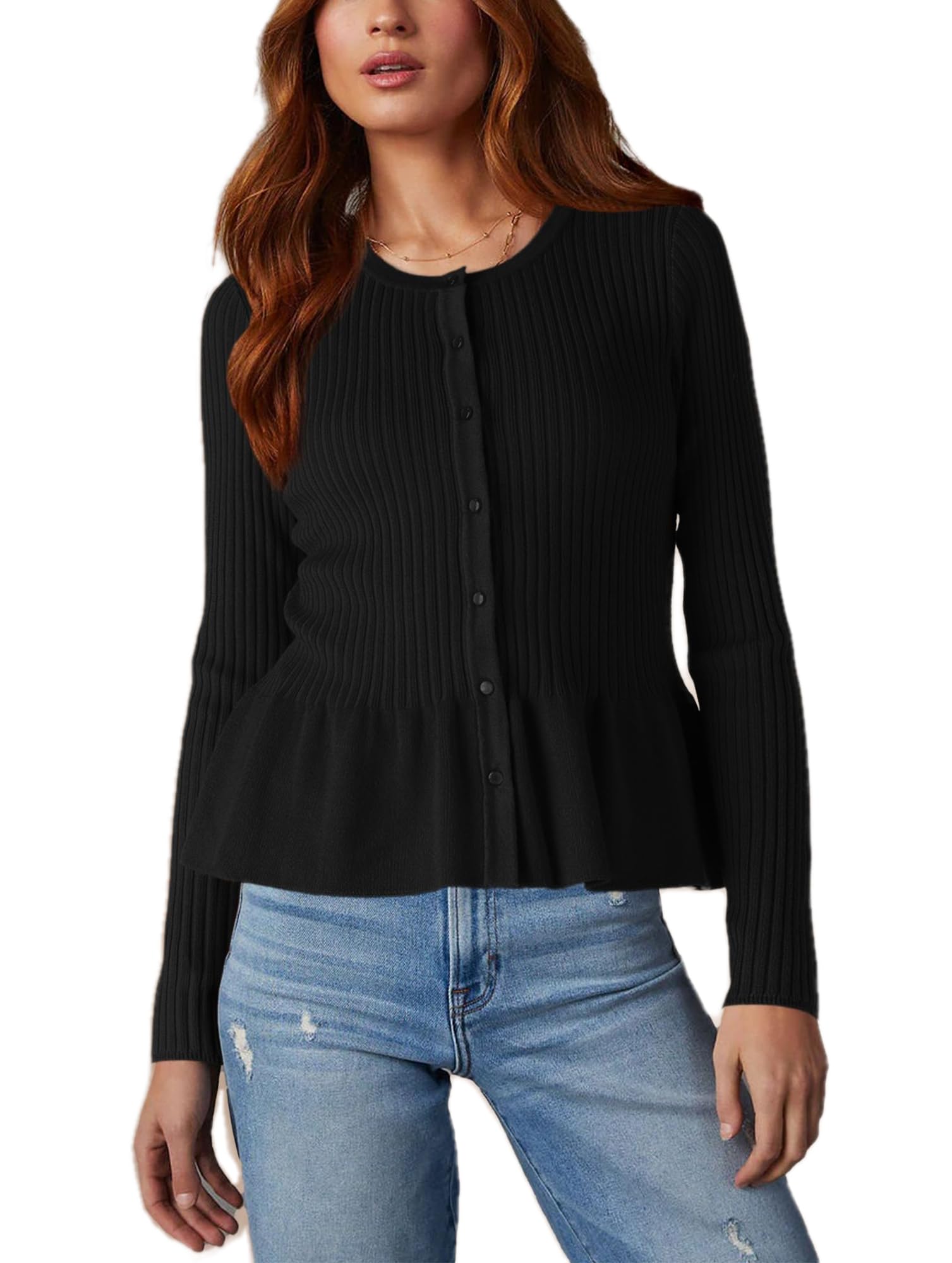 【idem】velours ribbon peplum cardigan Beautiful Nomad Women's Long Sleeve Cardigan Peplum Sweater