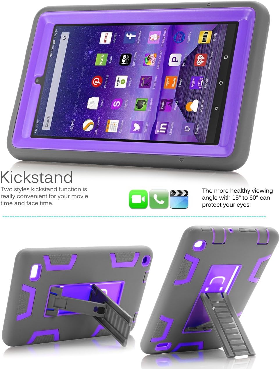 All-New Amazon Kindle Fire 7 (2017 7th Generation),Topsky Three Layer Armor Defender Full Body Protective Case Cover for Amazon Kindle Fire 7",Grey/Purple