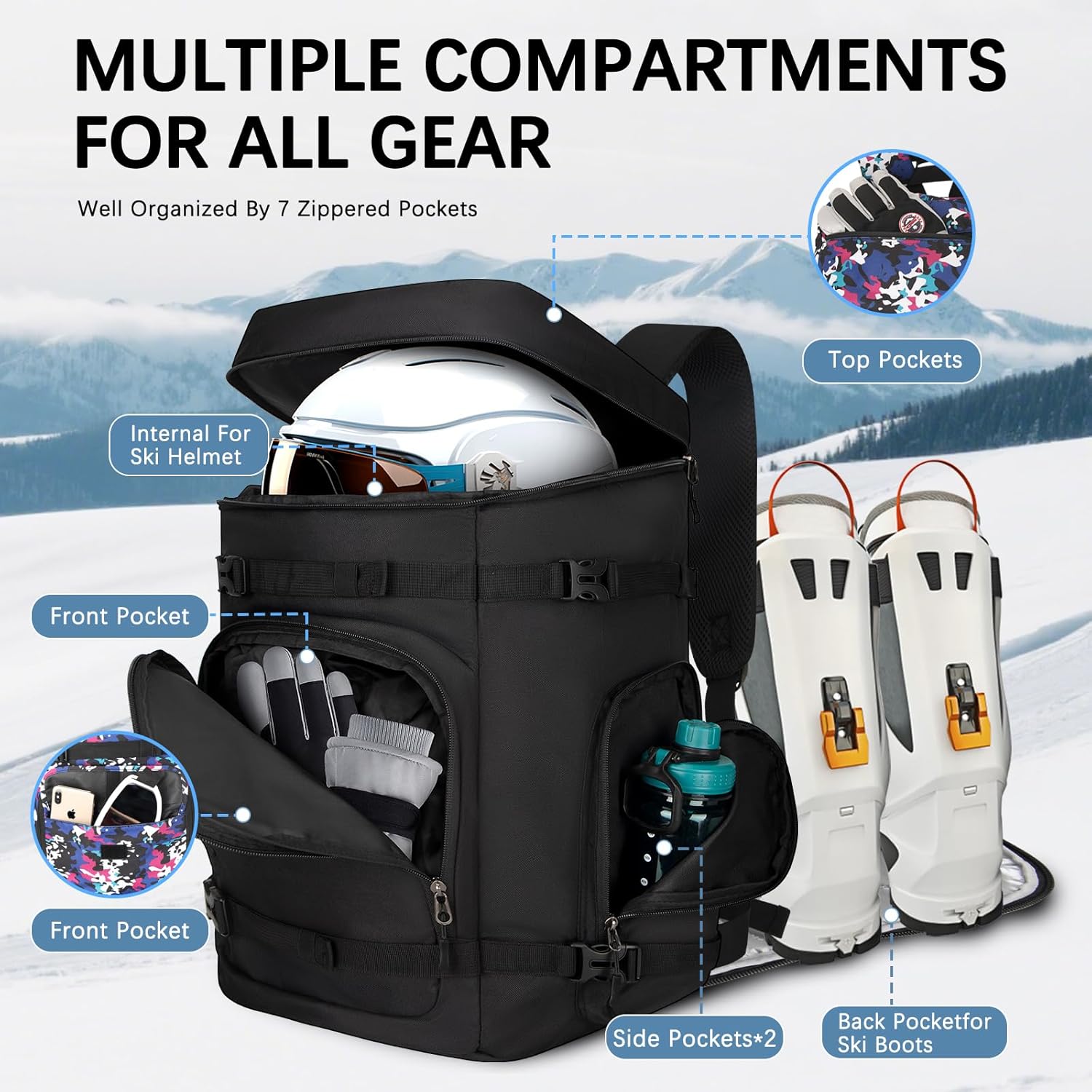 65L Waterproof Ski Boot Bag, Heavy Duty Snowboard Backpack for Helmet Goggles Gear, Air Travel Winter Sports Bag