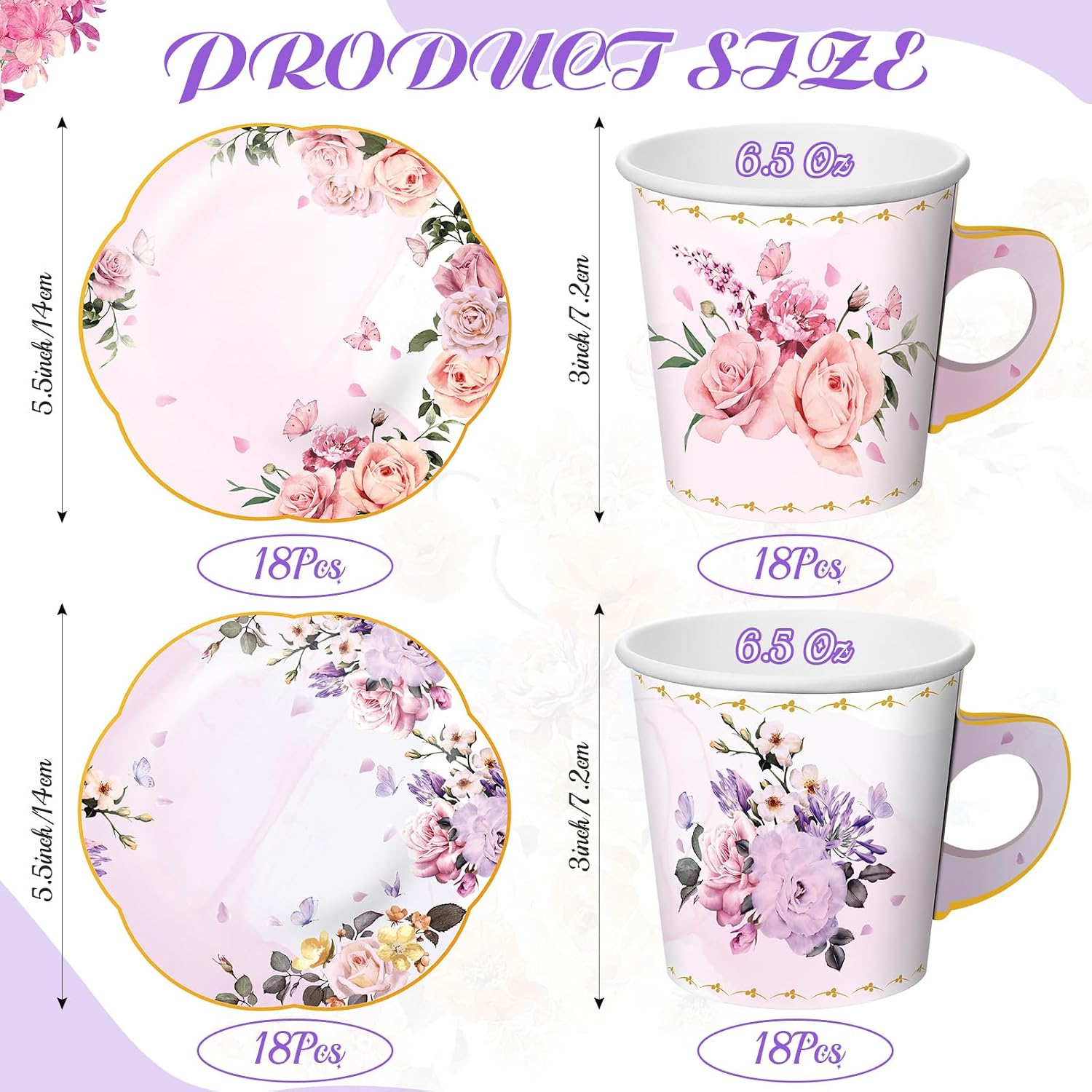 Umigy 36 Sets Floral Tea Party Decorations 6.5 oz Floral Paper Teacups & Saucer Set for Girls Women Tea Parties Bridal Shower Wedding Birthday Party Decorations