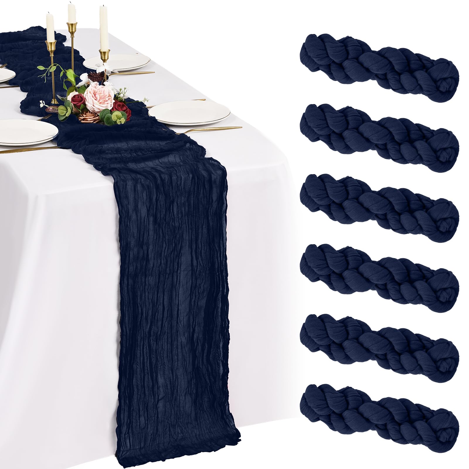Showgeous 6 Pack Navy Blue Cheesecloth Table Runner 10FT Boho Gauze Cheese Cloth Table Runners Romantic Rustic Sheer Table Decorations for Wedding Party Baby Shower Birthday Holiday Home