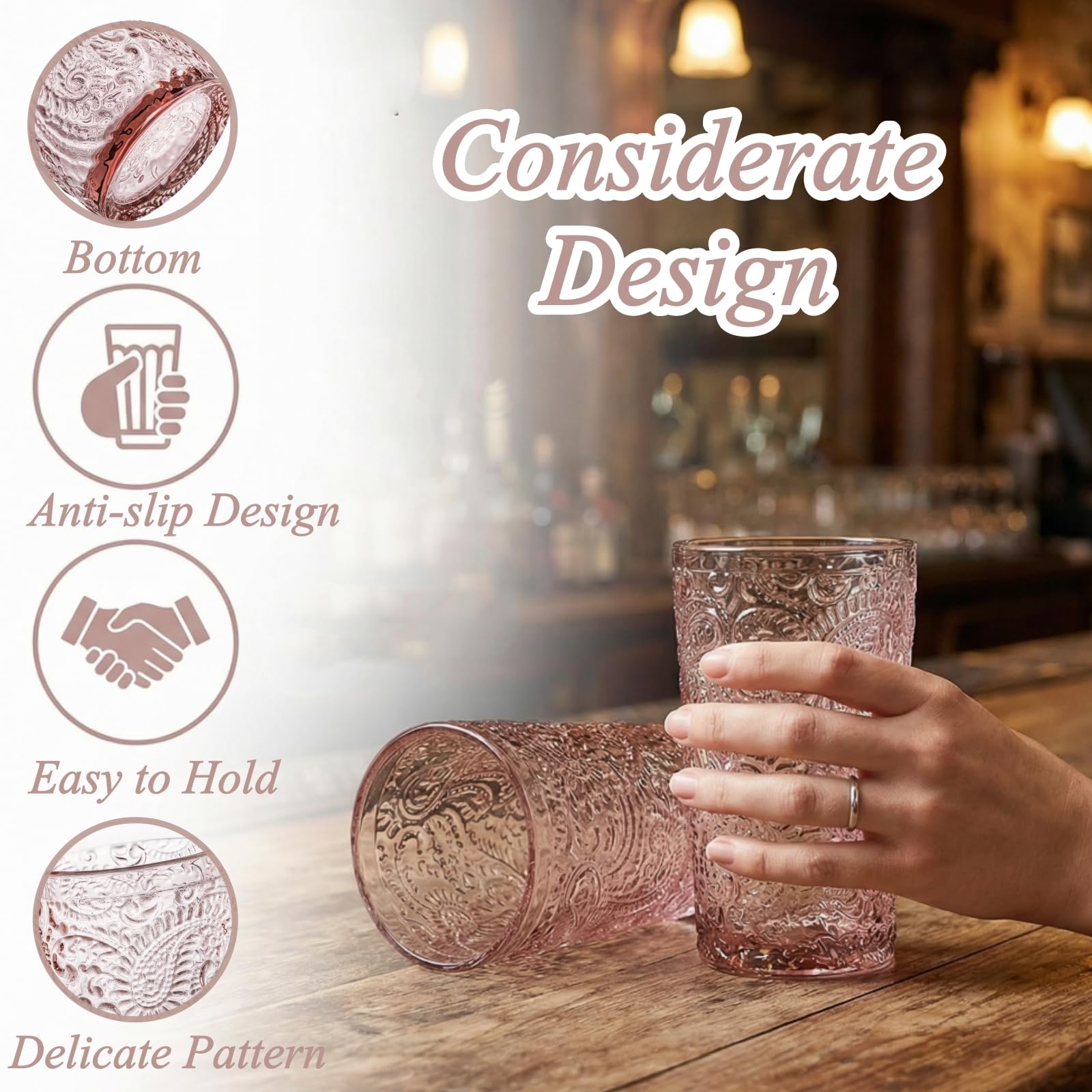 Tebery Paquete de 6 vasos de 350 ml, vasos de bebidas de 350 ml, vasos de agua románticos, juego de cristalería vintage para agua, jugo, vino, cerveza y cócteles