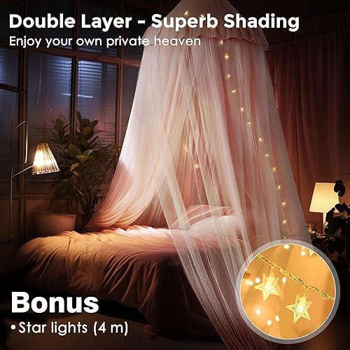 Miniatura 4 de Toldo de cama grande con luces de estrellas, toldo de doble capa para cama, tienda de campaña de princesa para habitación de niñas, toldo