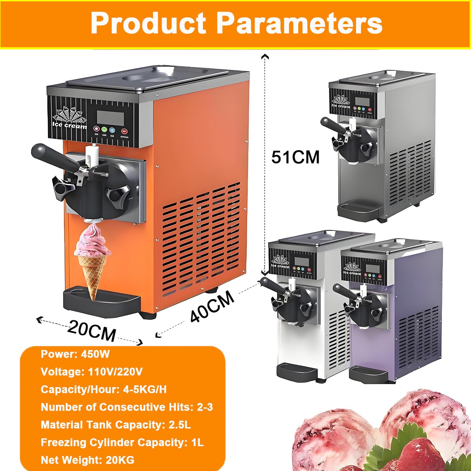 Machine à Glace à l'italienne, avec Panneau de Commande LCD, Haut rendement (4-5 kg/h), 450 W, adaptée à Un Usage Domestique et Commercial. Orange