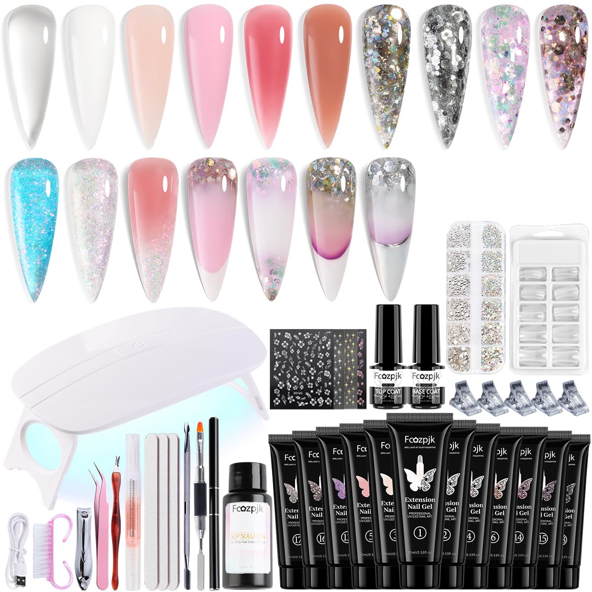 Fcozpjk Poly Nail Gel Kit with UV Light, 12 Colors Clear Nude Pink Iridescent Glitter Extension Gel Builder Gel Starter Kit Base Top Coat Set Slip Solution Nail Gel Kit for Beginners with Everything
