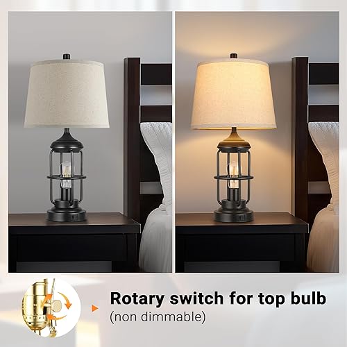 Miniatura 3 de Qimh Lámpara de mesa para dormitorio, juego de 2 con puertos USB A+C, lámpara de noche de granja con luz nocturna, control táctil regulable de 3