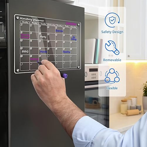 Miniatura 6 de Healuck Calendario magnético de borrado en seco, calendario transparente para refrigerador, pizarra acrílica de borrado en seco de 16 x 12 pulgadas