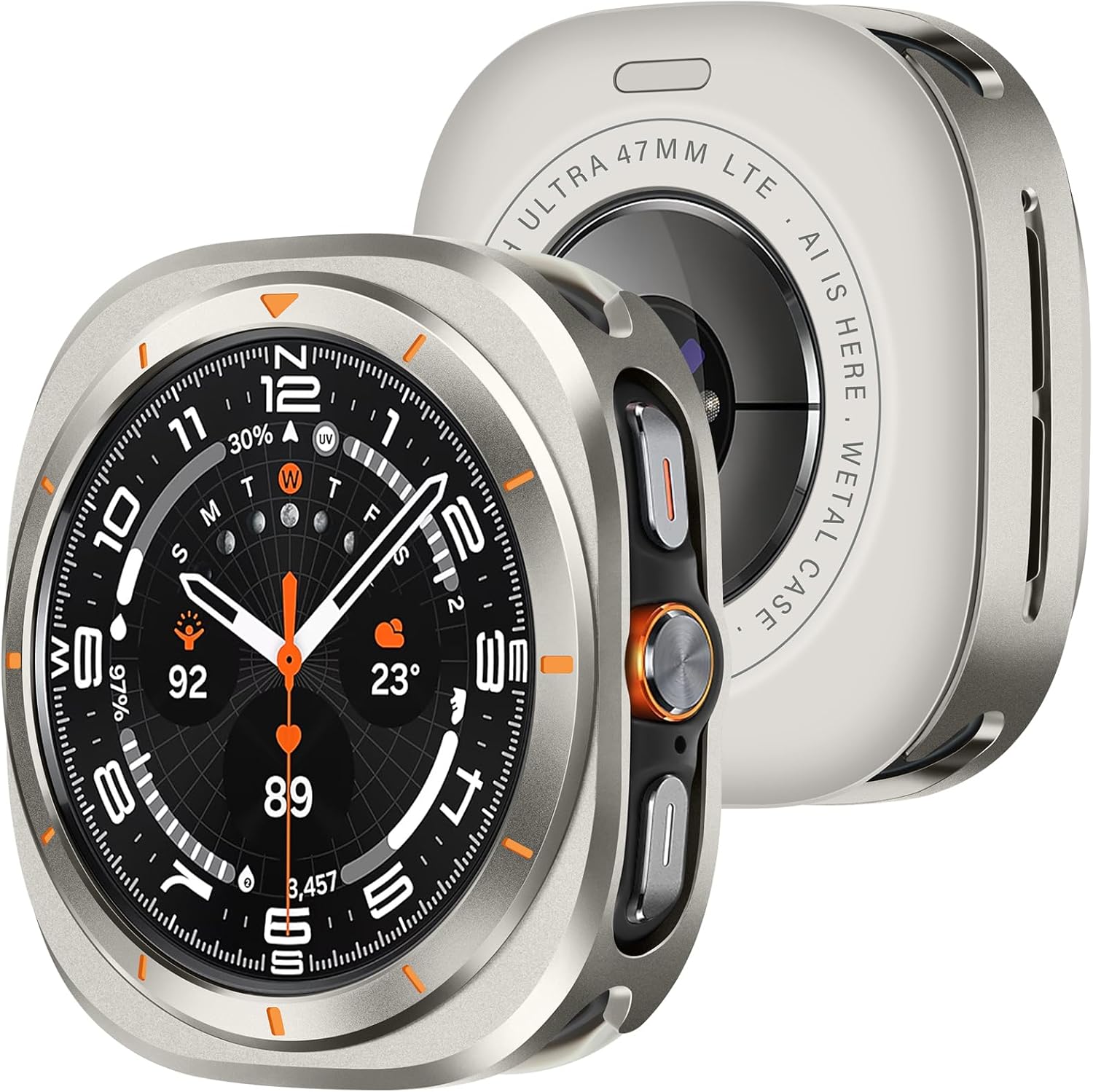 Amizee Rugged Case Compatible with Samsung Galaxy Watch Ultra (2025/2024) 47mm with Back Cover, Metal Bumper Ultra Thin Shockproof Protective Cover for Galaxy Watch 7/8 Ultra, Titanium/Orange