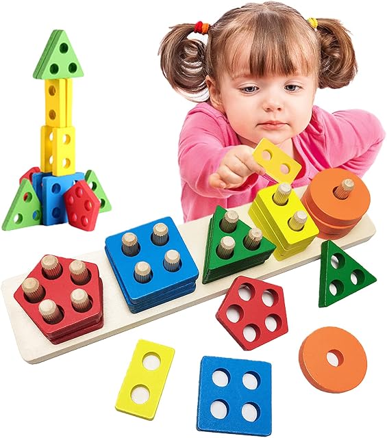 Montessori Toys for 1-5 Year Old Boys Girl,Wooden Sorting and Stacking Toys for Toddlers 1-3,Educational Sensory Toys for Toddlers 12-18 Months,Shape Sorter and Color Stacker Preschool Learning Gift
