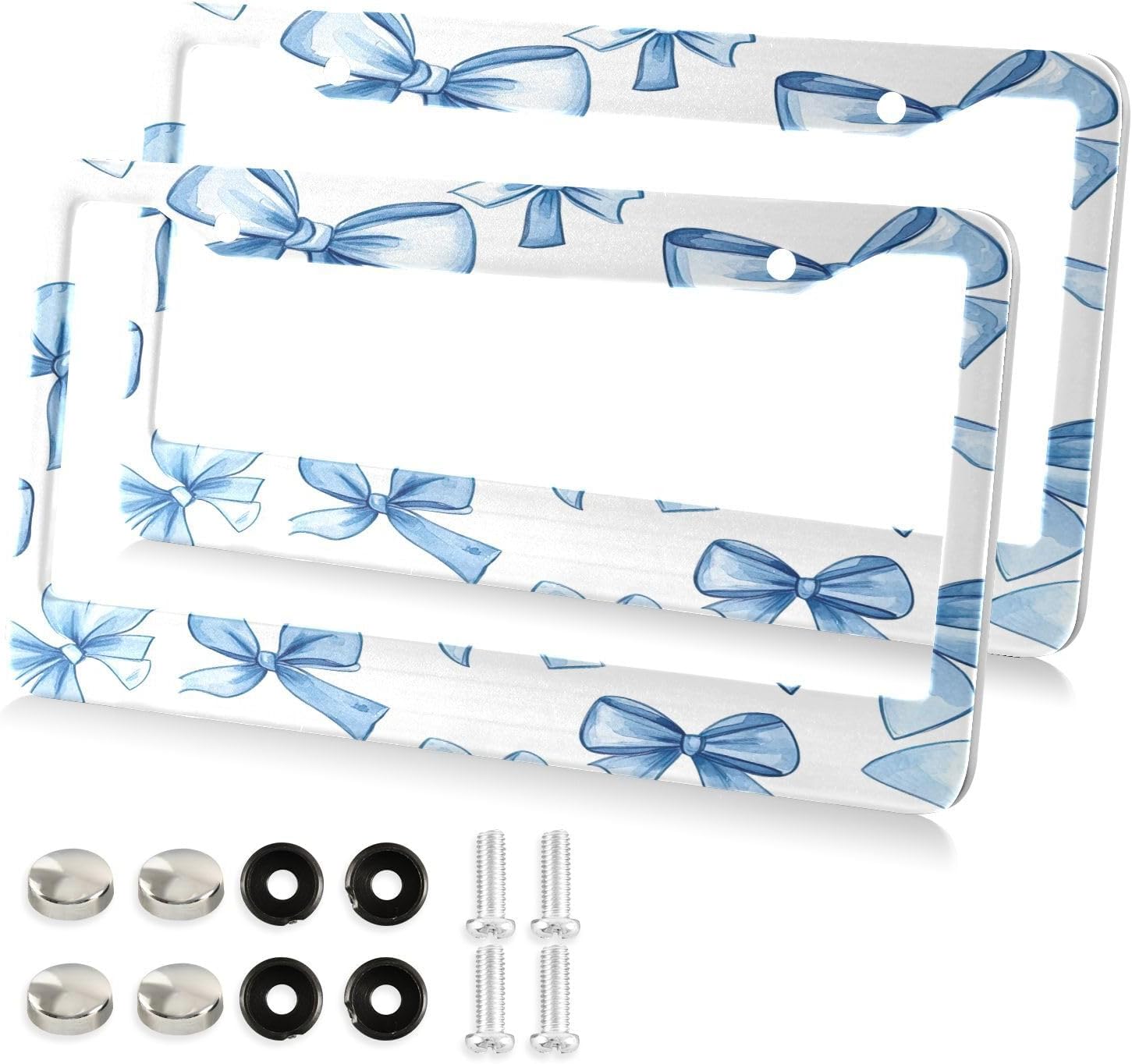 YETTASBIN Blue Bow License Plate Frames, Decorative License Plate Covers, 2 Packs Universal Aluminum Tag Frame with 2 Holes & Screw Caps for Front and Rear Car Tags, Round Hole