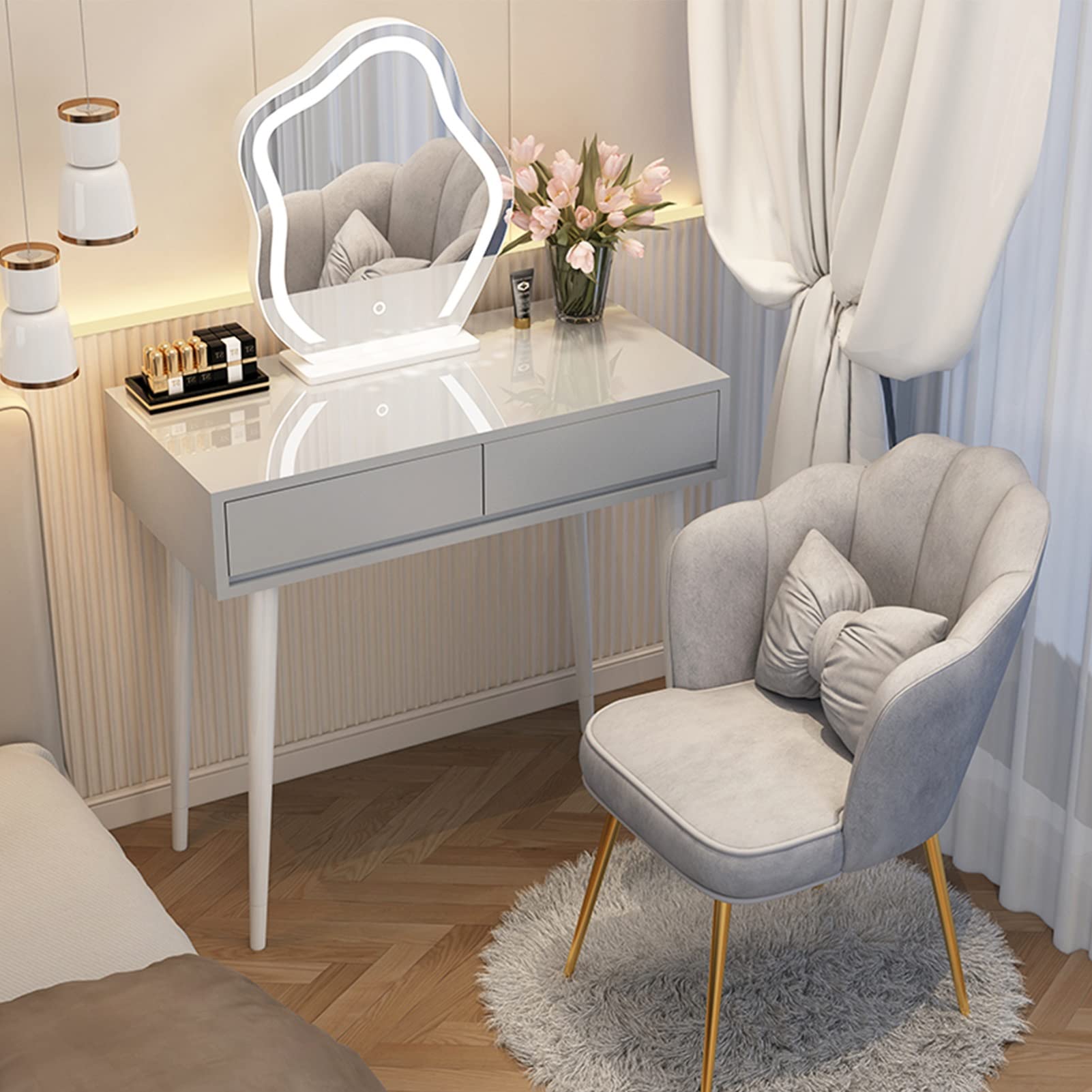 asdchZen Elegant Makeup Vanity Table With Led Lighted Mirror & Upholstered Stool, White & Grey Dressing Table For Bedroom, Spacious Drawers, 60Cm/23.6In,Grey a-80cm/31.5in