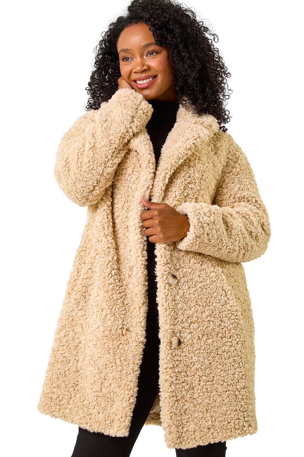 Roman Women's Stone Petite Longline Teddy Coat Size 14