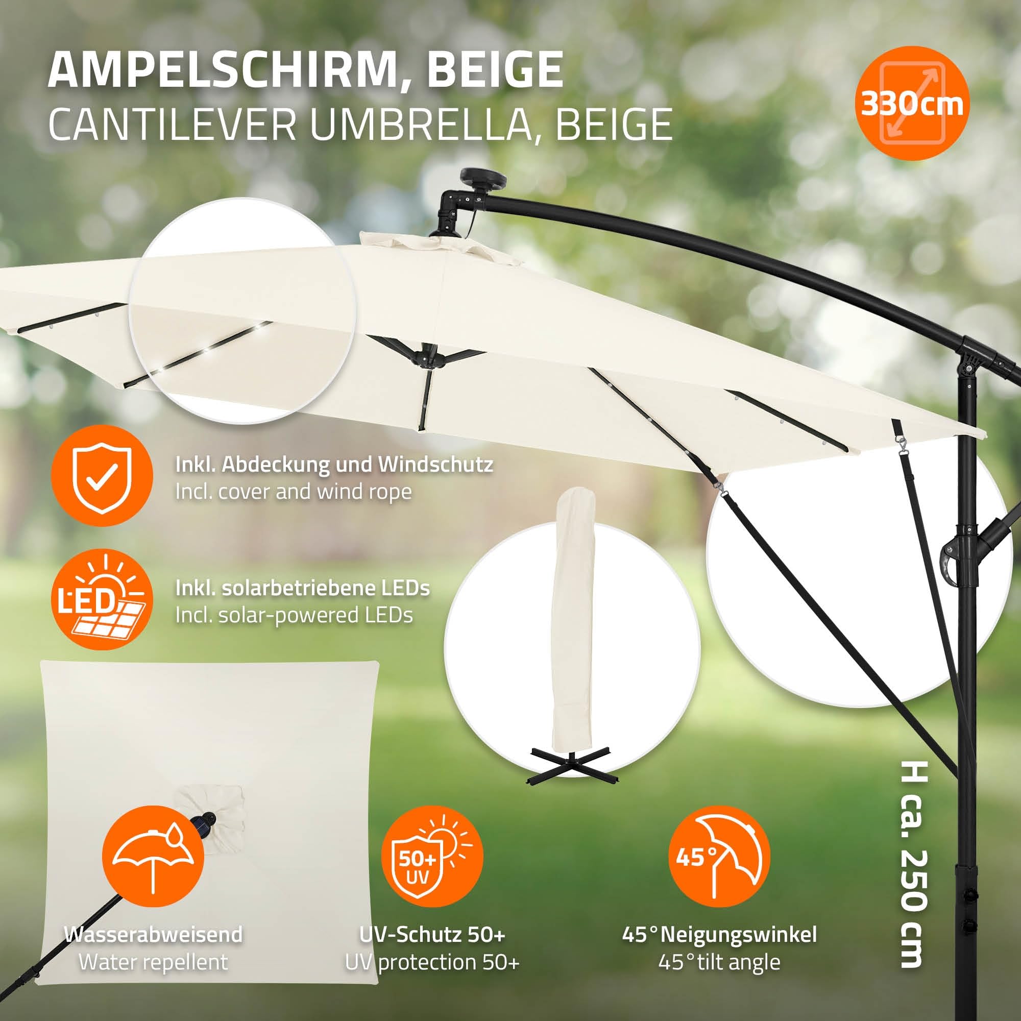 ML-Design Sombrilla de Jardín Ø 330 cm de Aluminio con/sin LED Parasol Voladiza de Terraza, Giratoria 360°, Inclinable y con Manivela Protección Solar UV50+ e Impermeable, incluye Soporte y Funda