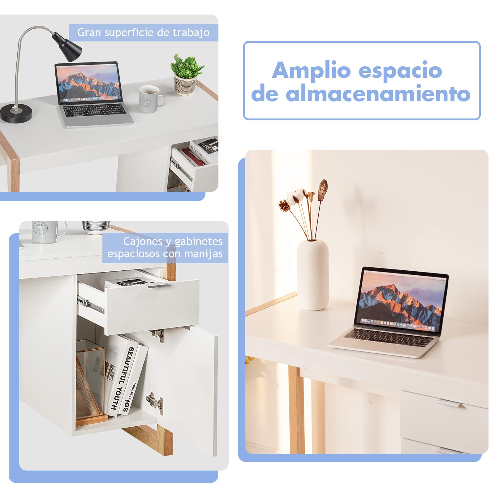 COSTWAY Escritorio para Ordenador, Mesa de Trabajo con Armario y Cajón, Diseño Simple y Elegante, Panel Espeso, Estructura Resistente, Escritorio con Superficie Lisa Casa y Oficina